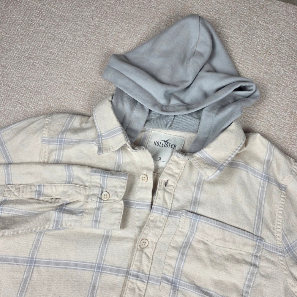 Hollister Mens Plaid Flannel Hoodie Shirt Cream Grey Long Sleeve Small Pocket